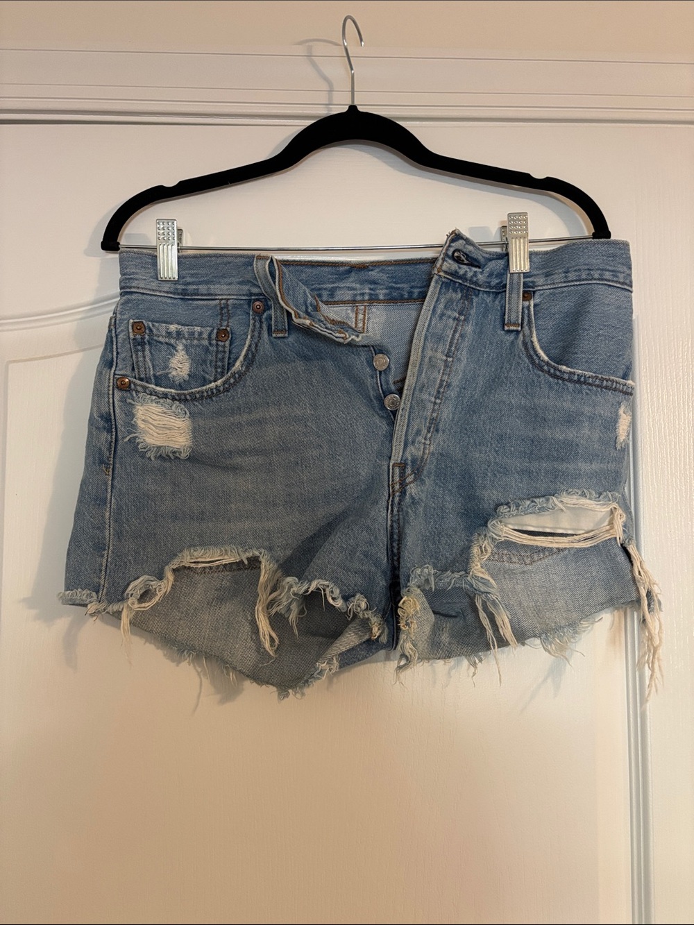 Levi's Light Blue Distressed Denim 501s Cutoff Shorts
